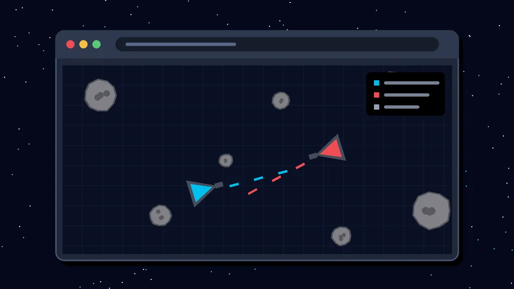 Browser shooter game running in a web browser window, two spaceships trading laser fire between asteroids