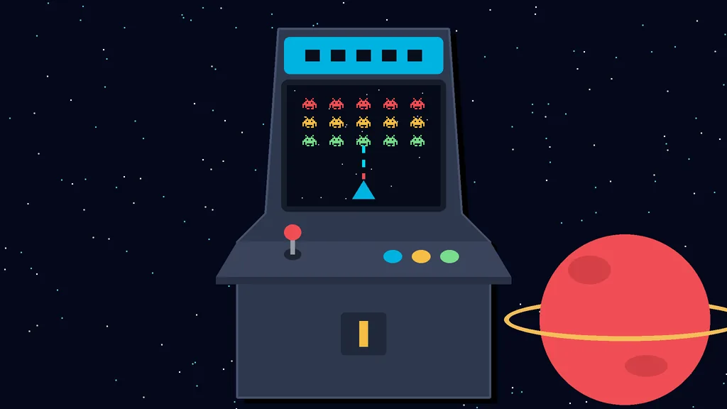 Space shooter game on a retro arcade cabinet, rows of pixel aliens above a small ship, with a ringed planet nearby