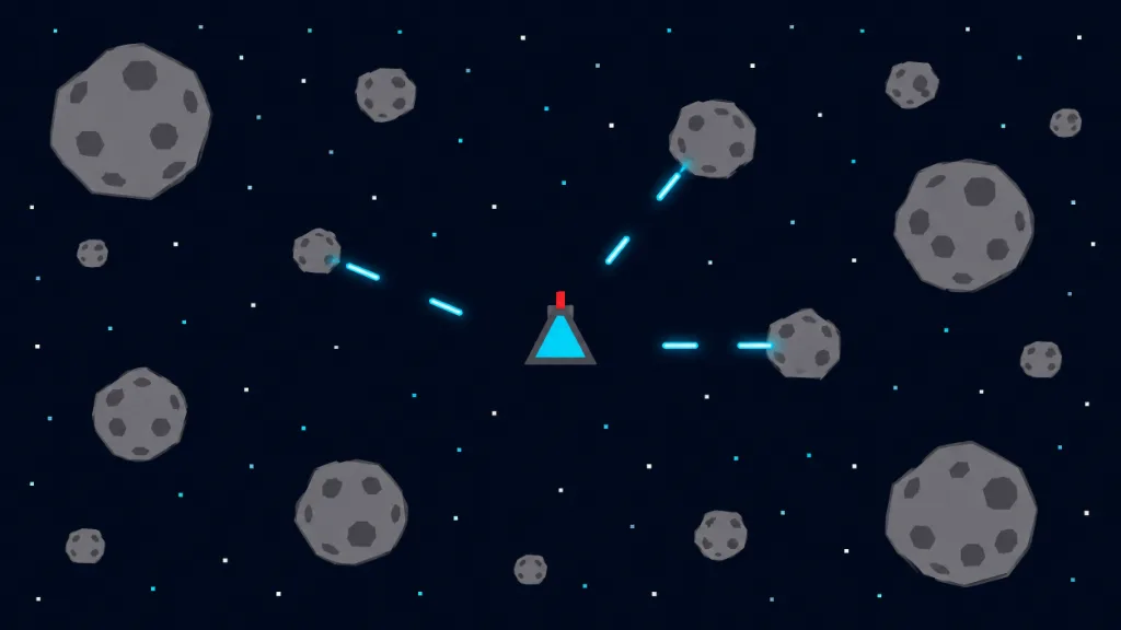 Spaceblast IO asteroid shooter game — top-down view of a spaceship navigating an asteroid field